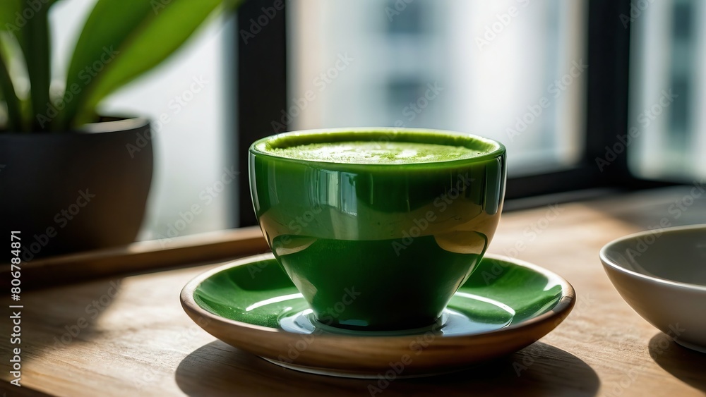 Steaming matcha latte with artful foam design on a wooden tray Steaming matcha latte with artful foam design on a wooden tray