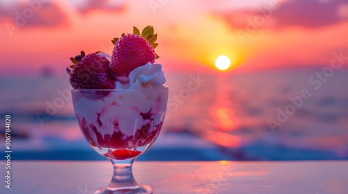 Ice cream with strawberries on the beach at sunset. photo