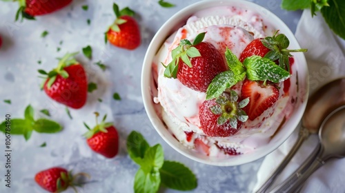 A bowl of strawberry ice cream with fresh strawberries on top.
