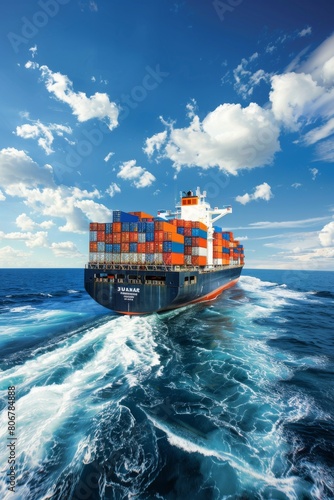 Global Maritime Logistics, Cargo Transportation by Ship with Shipping Containers at Sea