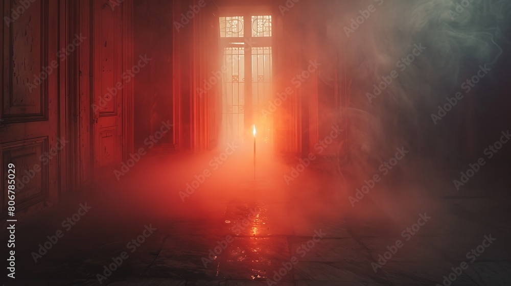 A surreal scene where everything is enveloped in a peach-colored mist, with the source being a single flickering candle, casting shadows and light that dance softly across the scene. A surreal scene where everything is enveloped in a peach-colored mist, with the source being a single flickering candle, casting shadows and light that dance softly across the scene.