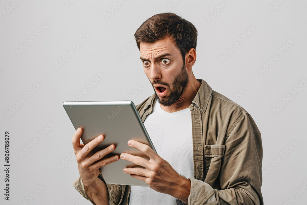 A man holding a tablet with a shocked face on a white background A man holding a tablet with a shocked face on a white background