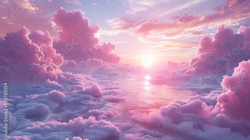 A surreal vista where dreamlike clouds in soft lilac hues form whimsical shapes, inviting the viewer into a world of imagination and serene beauty. photo