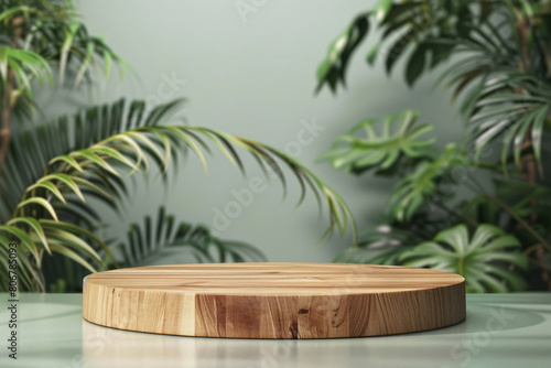 a wood podium for the product present with natural leaf on the background