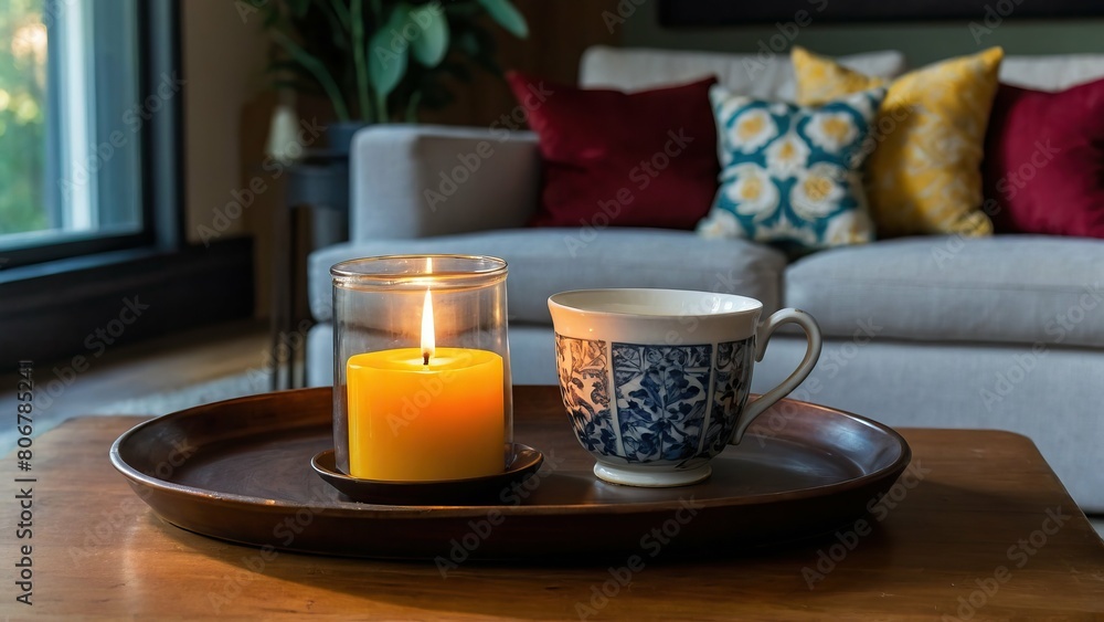 Obraz premium Cozy tea setting with lit candle