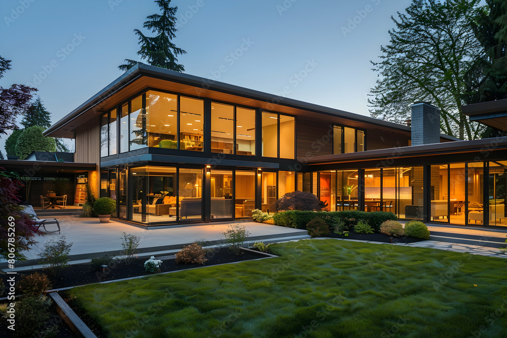 Modern house with large glass windows and wooden accents, courtyard in the background, evening lighting