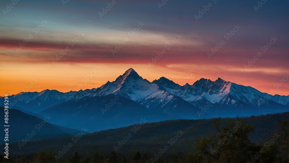 Snow capped mountain peak at sunset with vibrant skies