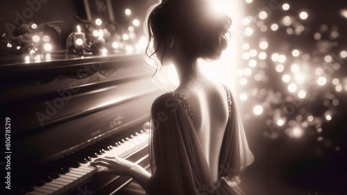 Charming girl in a dress with a bare back plays the piano photo
