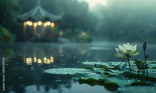 A blooming lotus in the lotus pond, with a blurred octagonal pavilion in the distance, Generative AI  photo