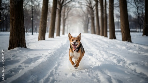 Joyful dog running in snowy park by evening lights