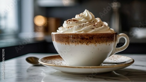 Elegant frothy cappuccino in a porcelain cup on marble countertop