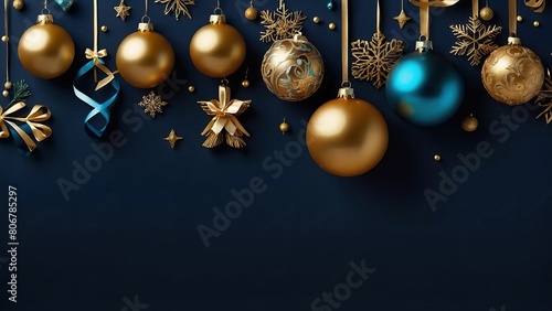 Gold Christmas baubles with ribbons on a luxurious blue background
