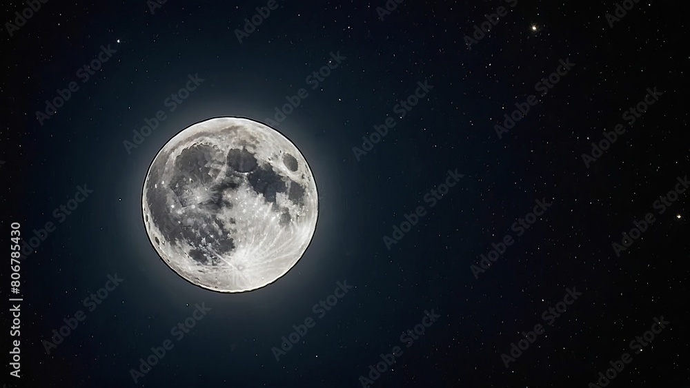 Glowing full moon illuminating a tranquil starry night sky