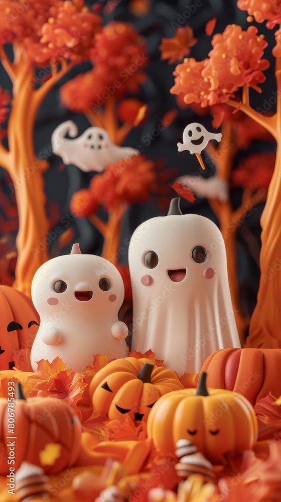 Cute cartoon ghosts in a pumpkin patch. Perfect for Halloween.