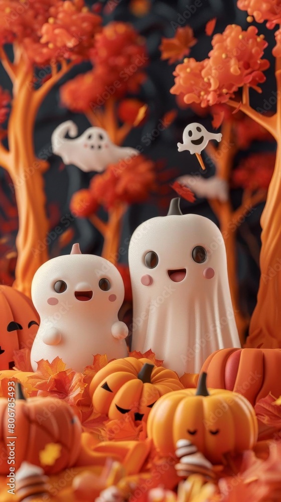 Cute cartoon ghosts in a pumpkin patch. Perfect for Halloween. Cute cartoon ghosts in a pumpkin patch. Perfect for Halloween.