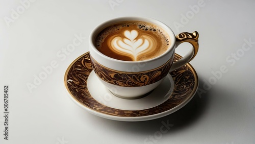 Top view of a latte with intricate art in a white cup
