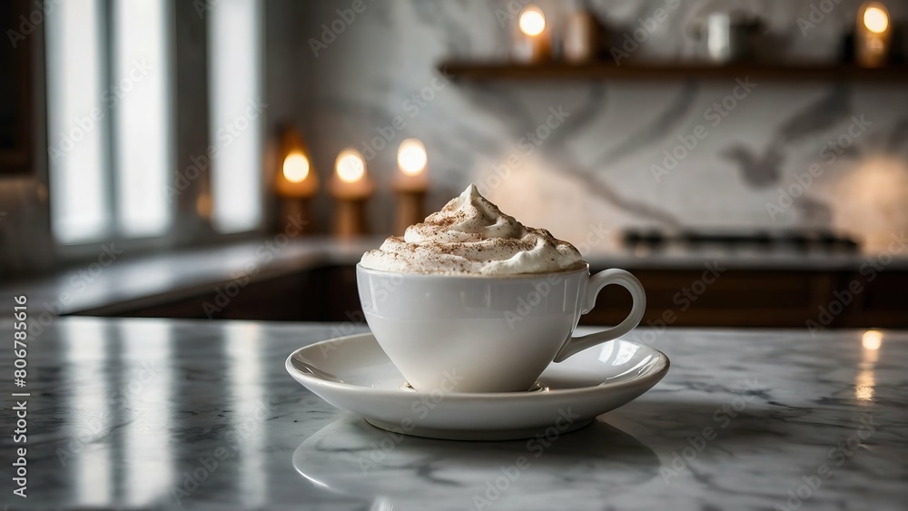Obraz premium Elegant frothy cappuccino in a porcelain cup on marble countertop