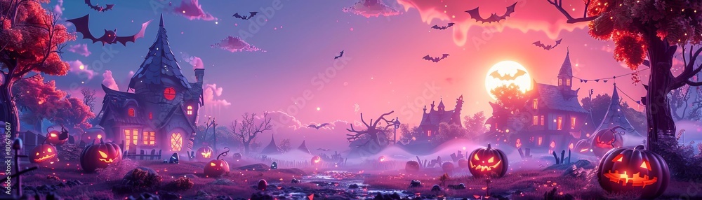 Magical Halloween Village with Jack-o'-Lanterns and Bats