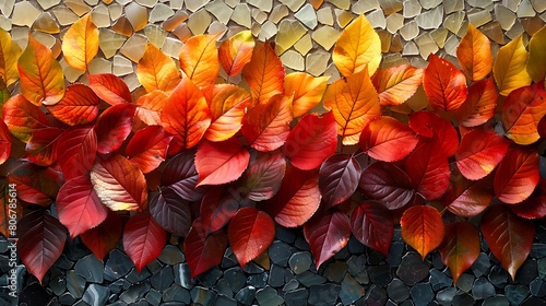 A vibrant display of autumn leaves arranged in a mosaic pattern, where each leaf is rendered in brilliant shades of topaz and amber, capturing the essence of fall's color palette.