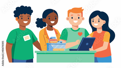 Smiling volunteers behind the cash register assisting customers with their purchases and sharing information about the nonprofits mission.. Vector illustration
