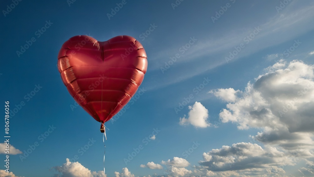 Fototapeta premium Red heart balloon against a sunny sky with clouds
