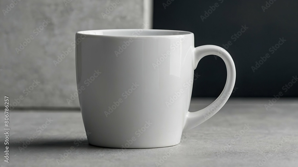 Obraz premium Minimalistic white mug on a neutral grey background