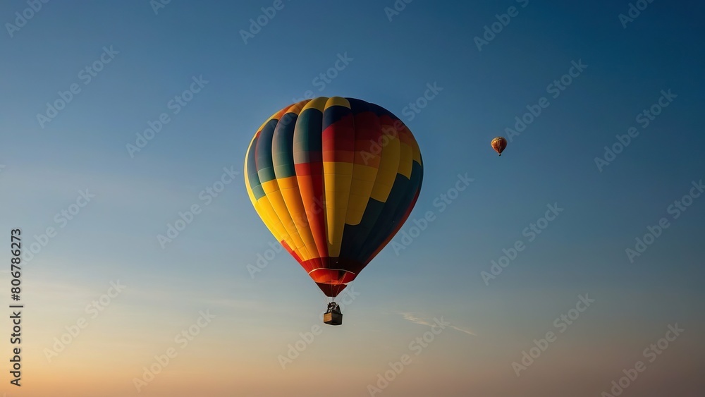 Fototapeta premium Colorful hot air balloon silhouetted against sunset sky