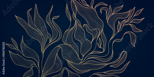 Vector linear golden leaves art deco pattern. Gold line elegant wavy texture, japanese style botanical illustration. Floral plant luxury texture, elegant wallpaper. Vintage decor print photo