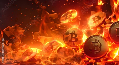 Stylized representation of gas fees in cryptocurrency transactions, with flames consuming digital assets, photo