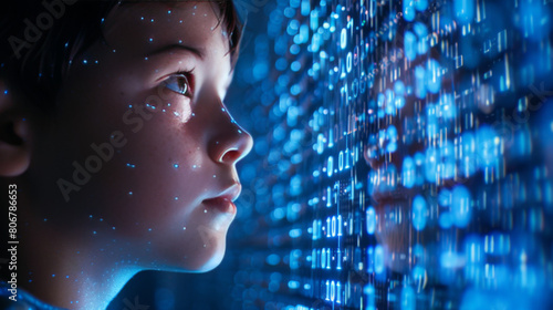 Portrait of a young child captivated by the glow of a digital data stream, reflecting curiosity and the impact of technology on youth.