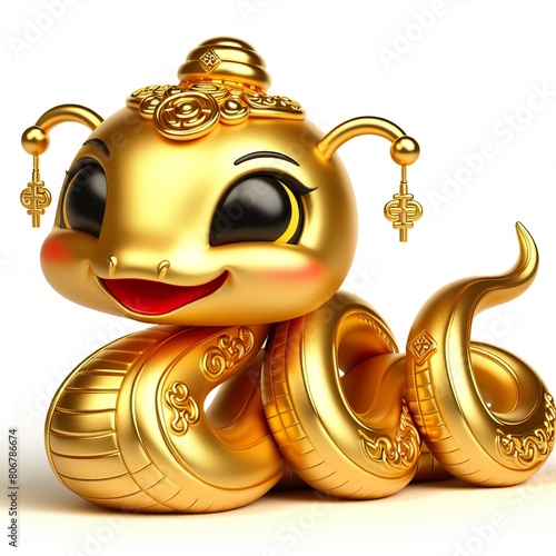 horizontal left to right 3d chinese happy gold snake with happy face, lunar new year theme, white background © JetHuynh