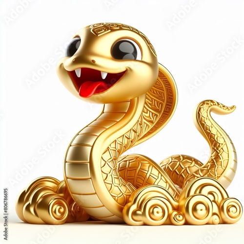 horizontal left to right 3d chinese happy gold snake with happy face, lunar new year theme, white background © JetHuynh