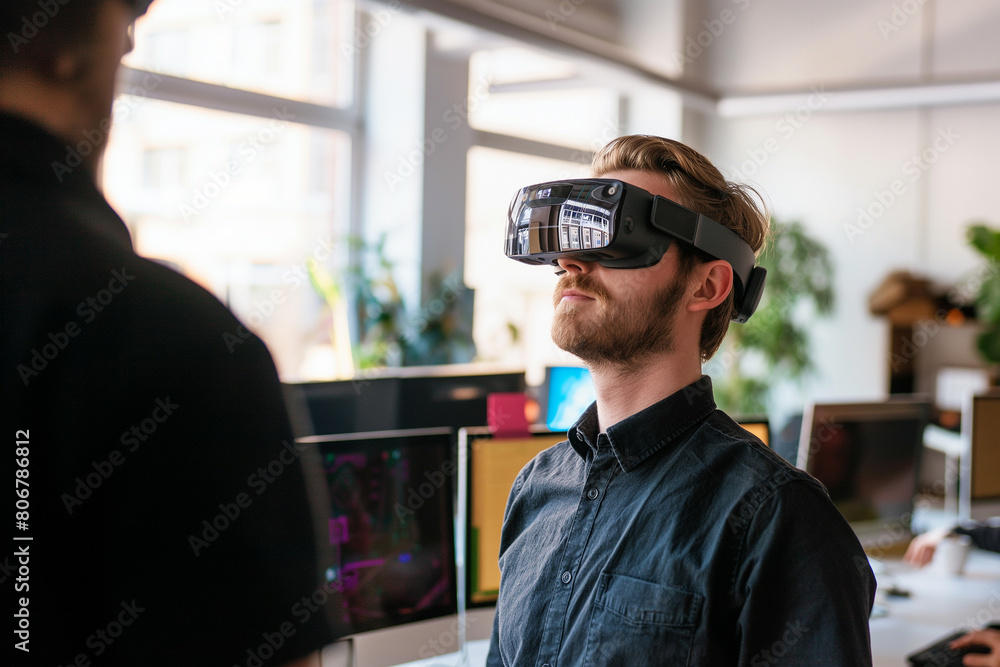 Young Man Exploring Virtual Environments Using Advanced VR Headset in Modern Office Young Man Exploring Virtual Environments Using Advanced VR Headset in Modern Office