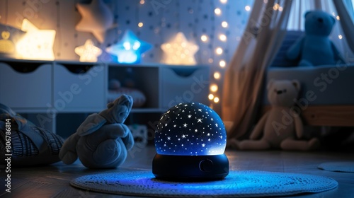 A beautiful starry night sky in a child's bedroom with a nightlight projector on the floor. photo