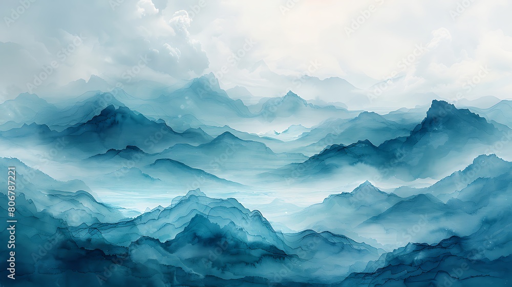 An abstract watercolor painting where layers of aqua and light blue merge and blur, creating a dreamlike atmosphere that evokes the depths of an ocean.
