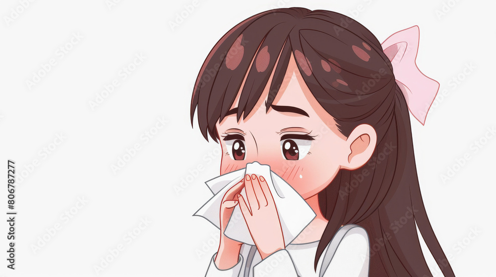 Cartoon image of a young girl with brown hair and pink bow, holding a tissue to her nose, eyes watery, appearing to have a cold or allergies. Cartoon image of a young girl with brown hair and pink bow, holding a tissue to her nose, eyes watery, appearing to have a cold or allergies.