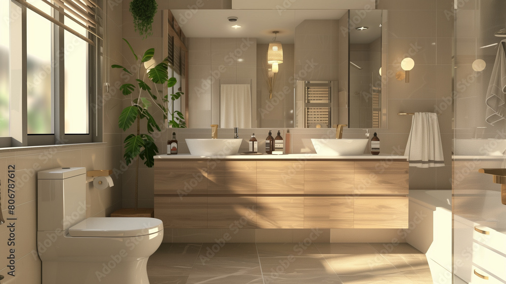 Fototapeta premium Modern minimalist bathroom interior with cupboard, white sink, wooden vanity, bathtub and shower