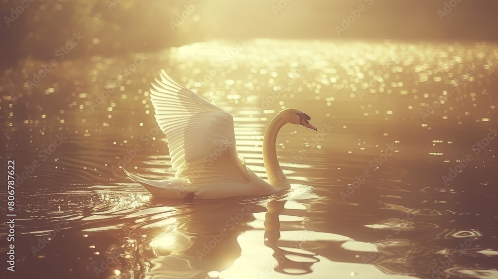 Obraz premium A swan floats serenely atop a sunlit body of water, surrounded by a lush, verdant forest