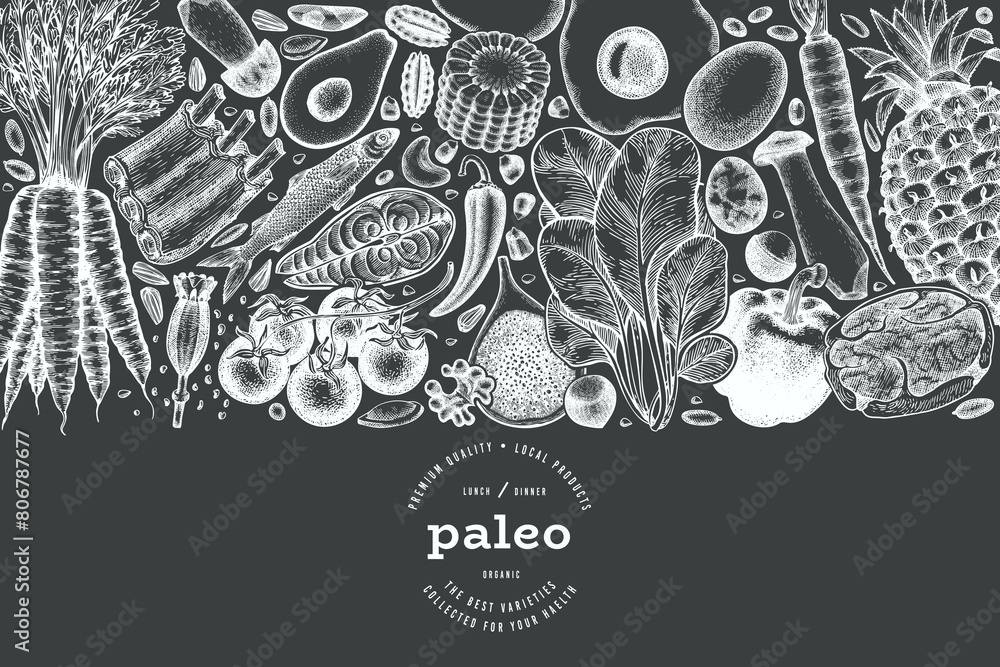 Paleo Diet Chalk Board Design Template. Vector Hand Drawn Healthy Food Banner. Vintage Style Menu Illustration. Paleo Diet Chalk Board Design Template. Vector Hand Drawn Healthy Food Banner. Vintage Style Menu Illustration.