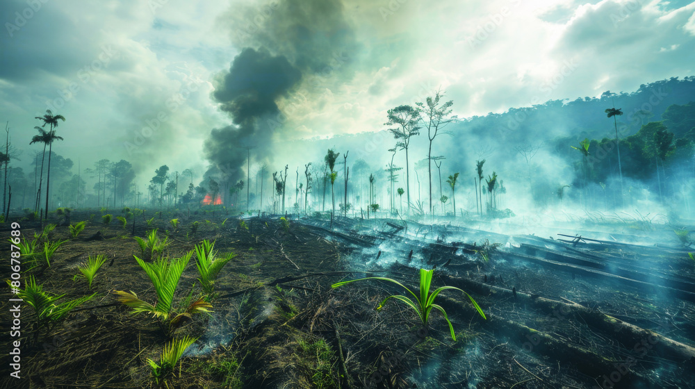 Dramatic scene of a forest fire burning through a tropical rainforest, with smoke and flames visible.