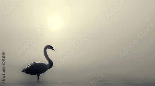   A black-and-white image of a swan in the water with the sun breaking through foggy background