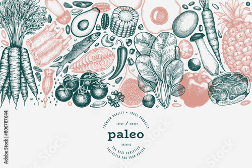 Paleo Diet Design Template. Vector Hand Drawn Healthy Food Banner. Vintage Style Menu Illustration.