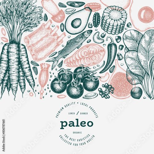 Paleo Diet Design Template. Vector Hand Drawn Healthy Food Banner. Vintage Style Menu Illustration.