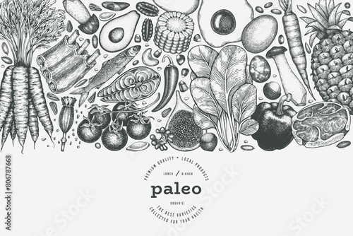 Paleo Diet Design Template. Vector Hand Drawn Healthy Food Banner. Vintage Style Menu Illustration.