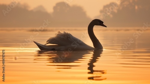   Swan atop tranquil water, sunset backdrop, trees beside