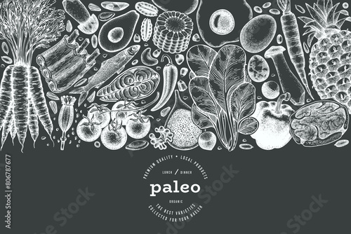 Paleo Diet Chalk Board Design Template. Vector Hand Drawn Healthy Food Banner. Vintage Style Menu Illustration.