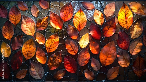 An artistic interpretation of a stained glass window inspired by autumn, featuring leaves in topaz and amber hues, with light filtering through to create a warm, glowing effect.