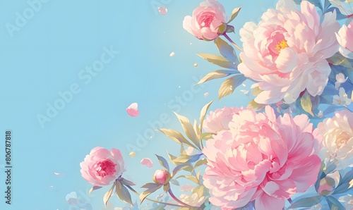 Beautiful floral background with pink peony flowers over blue backdrop, Generative AI 
