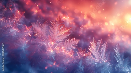 An artistic interpretation of frost forming on a window, where the ice crystals grow into complex, dendritic patterns, reflecting and refracting the morning light in a dance of colors.