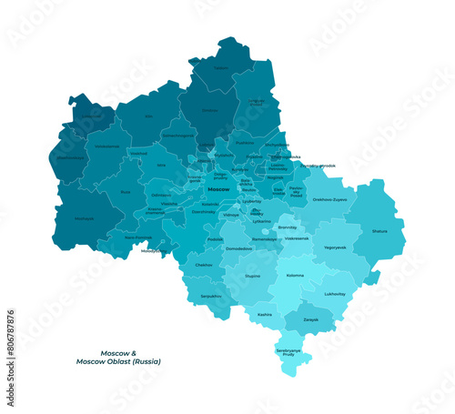 Vector isolated simplified illustration with blue shape of Moscow oblast with capital Moscow map, federal subjects. Map with administrative division. Text in english language. White background photo